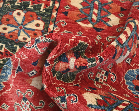 4x6 Red Green Ersari Afghan Hand Knotted Veg Dye Wool Area Rug